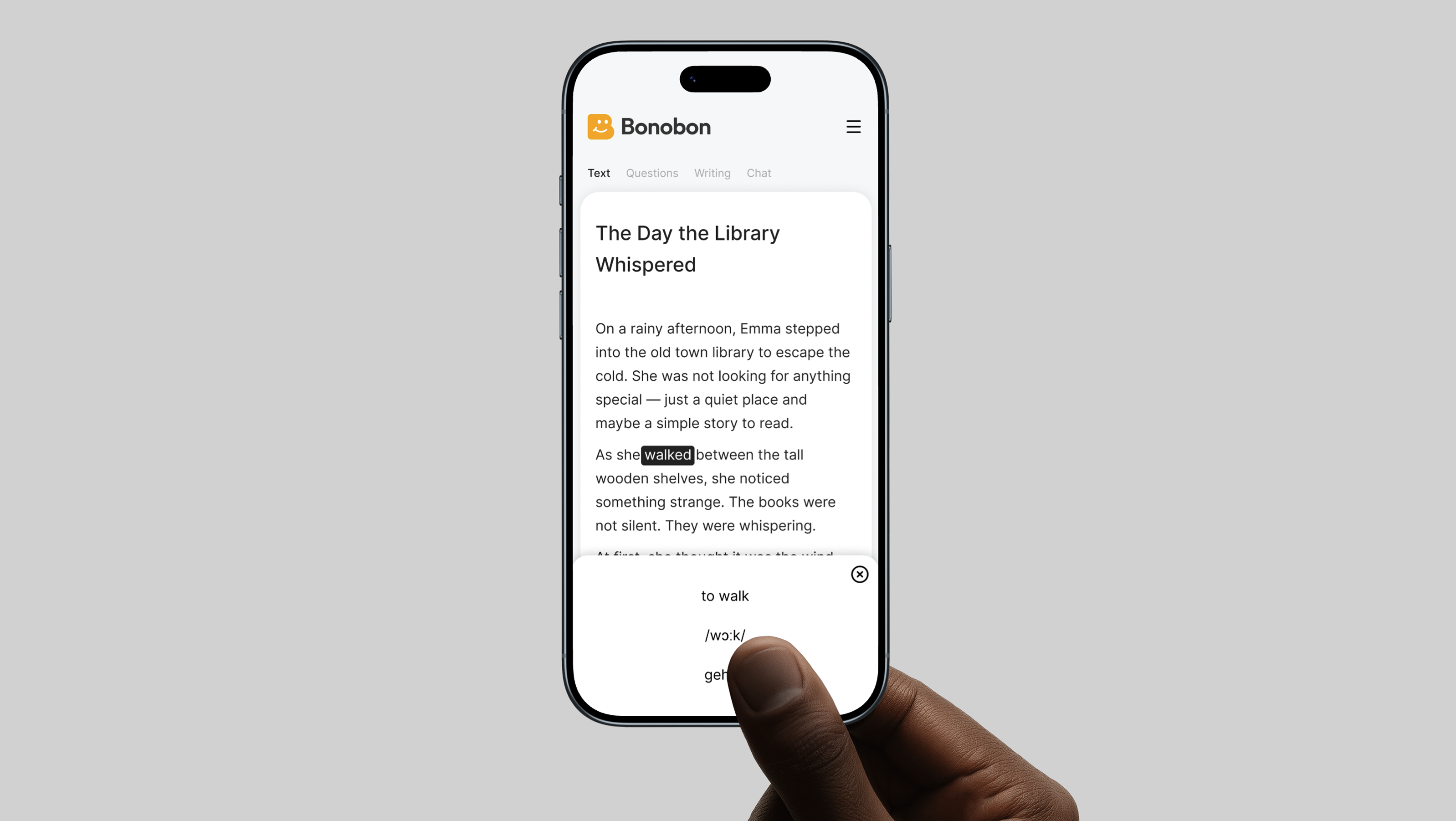 Bonobon app shown on a phone, with a reader tapping a word to reveal its translation